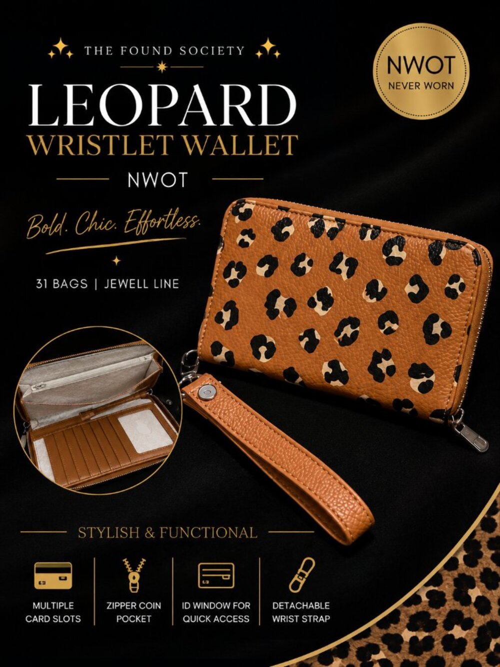 31 Bags Jewell Line Leopard Print Wristlet Wallet NWOT